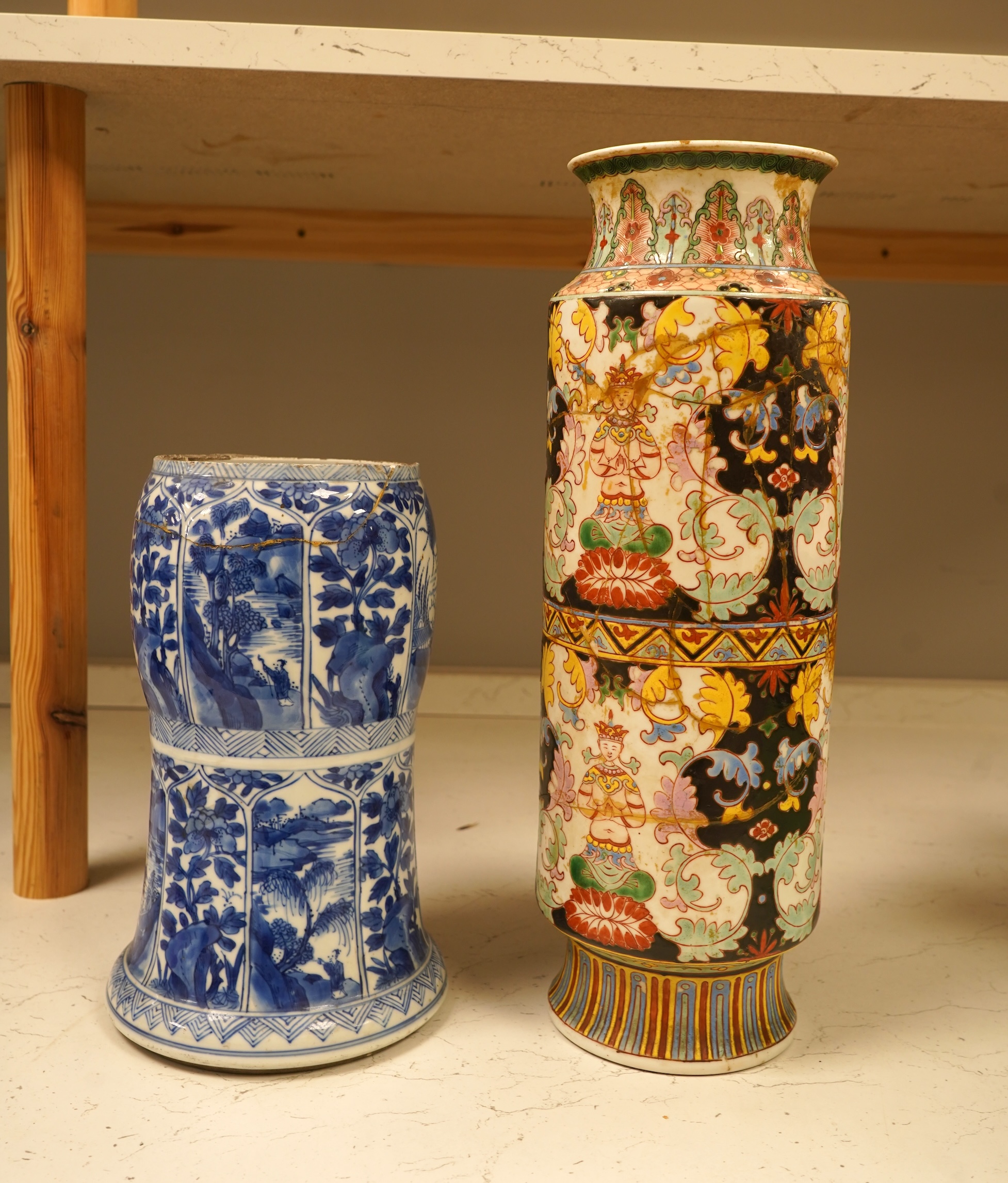 A Chinese Kangxi blue and white vase (cut down gu vase), 26cm high and a Chinese Bencharong famille rose vase